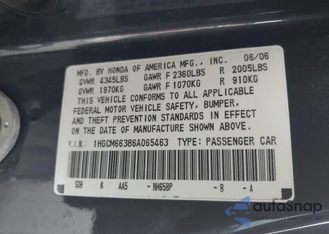 2006 Honda Accord 3.0 Lx z USA, uszkodzony, nr VIN 1HGCM66386A065463